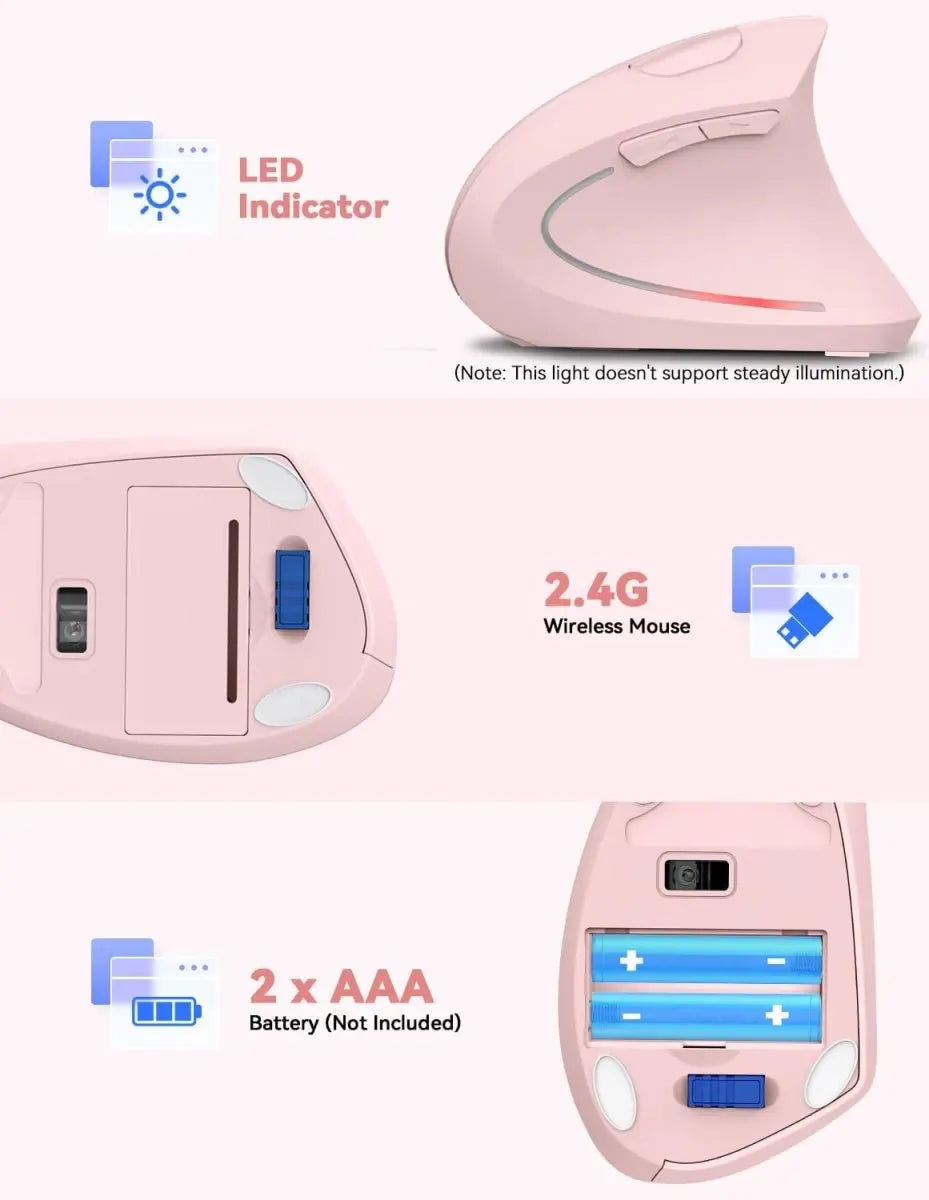 TECKNET Ergonomic Mouse, Rechargeable 2.4G+Bluetooth Vertical Mice 6 DPI Adjustable, Wireless Optical Carpal Tunnel Mouse Right Hand, Multi Device for Laptop, PC, Computer, MacBook, iPad - Pink