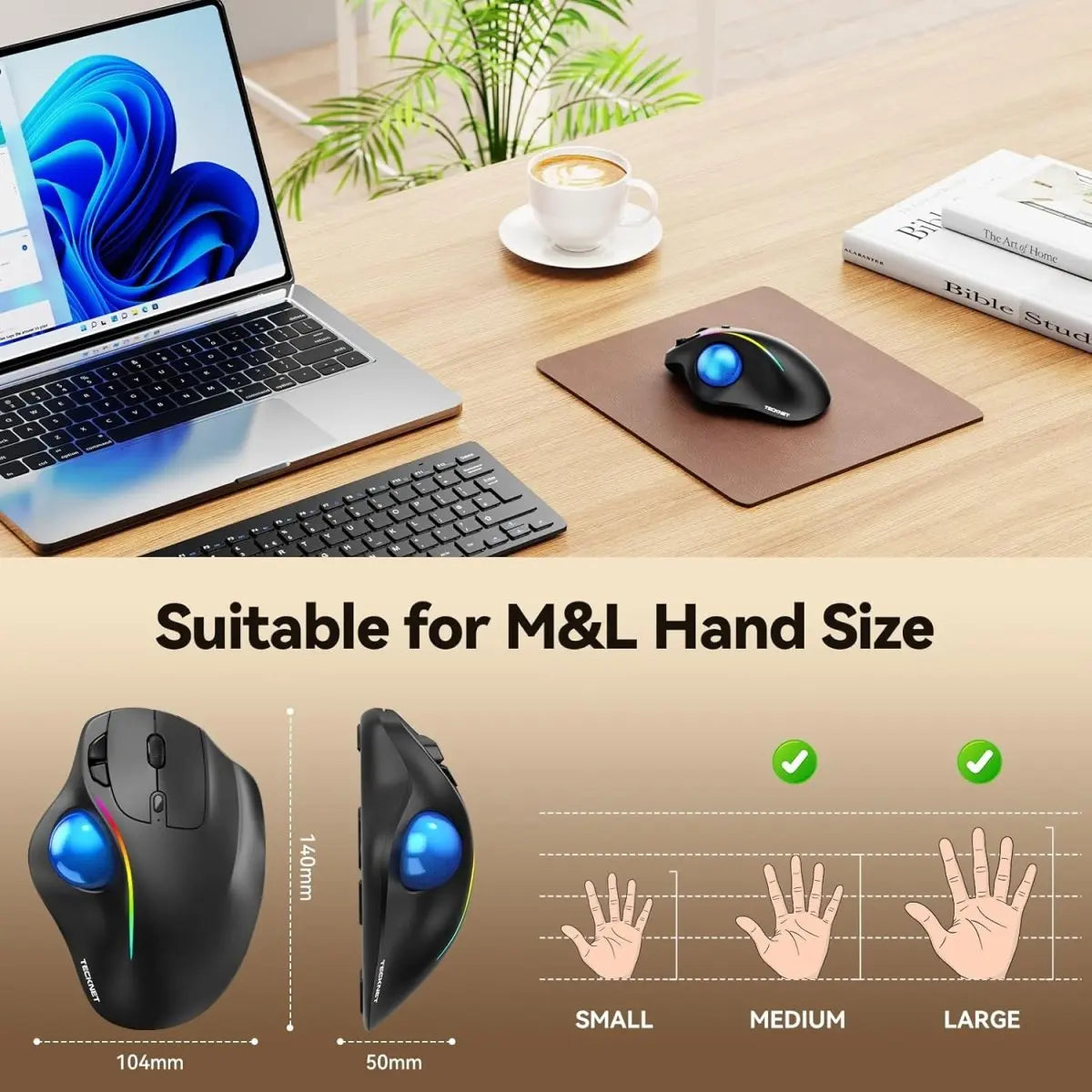 TECKNET Pro Wireless Trackball Mouse, Bluetooth Mouse with Ergonomic Thumb Control