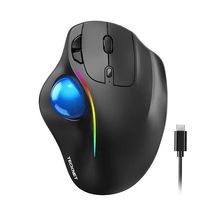 TECKNET Pro Wireless Trackball Mouse, Bluetooth Mouse with Ergonomic Thumb Control, USB-C Rechargeable, RGB Light Mice with Adjustable DPI, 3-Device Connectivity (BT or 2.4G),for PC/Mac/Laptop - Black