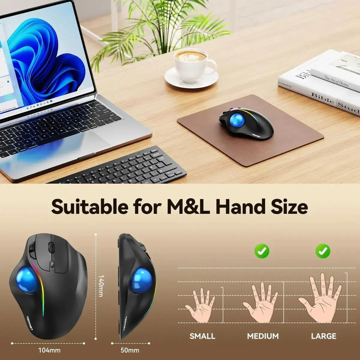 TECKNET Pro Wireless Trackball Mouse, Bluetooth Mouse with Ergonomic Thumb Control, USB-C Rechargeable, RGB Light Mice with Adjustable DPI, 3-Device Connectivity (BT or 2.4G),for PC/Mac/Laptop - Black