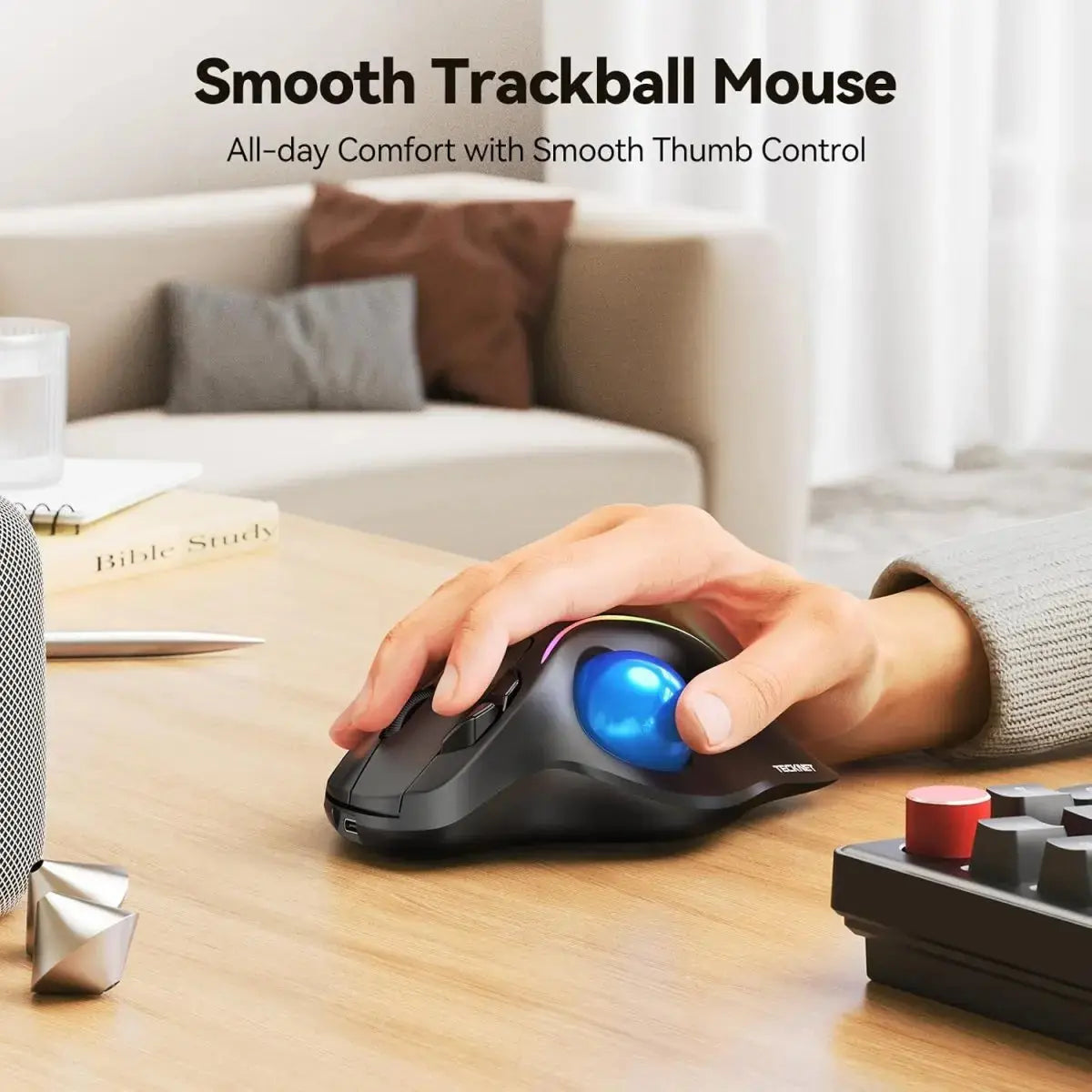 TECKNET Pro Wireless Trackball Mouse, Bluetooth Mouse with Ergonomic Thumb Control, USB-C Rechargeable, RGB Light Mice with Adjustable DPI, 3-Device Connectivity (BT or 2.4G),for PC/Mac/Laptop - Black