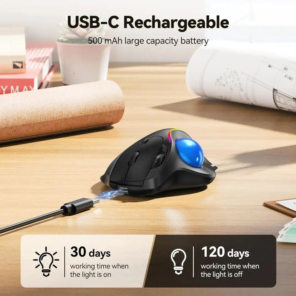 TECKNET Pro Wireless Trackball Mouse, Bluetooth Mouse with Ergonomic Thumb Control, USB-C Rechargeable, RGB Light Mice with Adjustable DPI, 3-Device Connectivity (BT or 2.4G),for PC/Mac/Laptop - Black