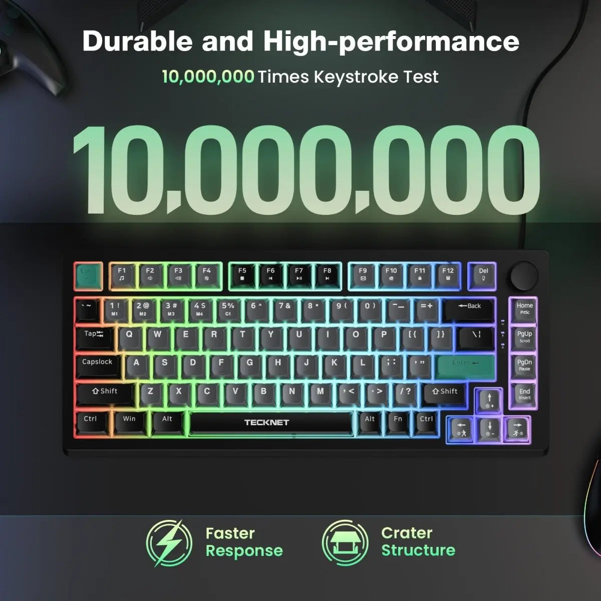 TECKNET RGB Gaming Keyboard,Compact 83 Keys Wired Keyboard with Volumn Knob