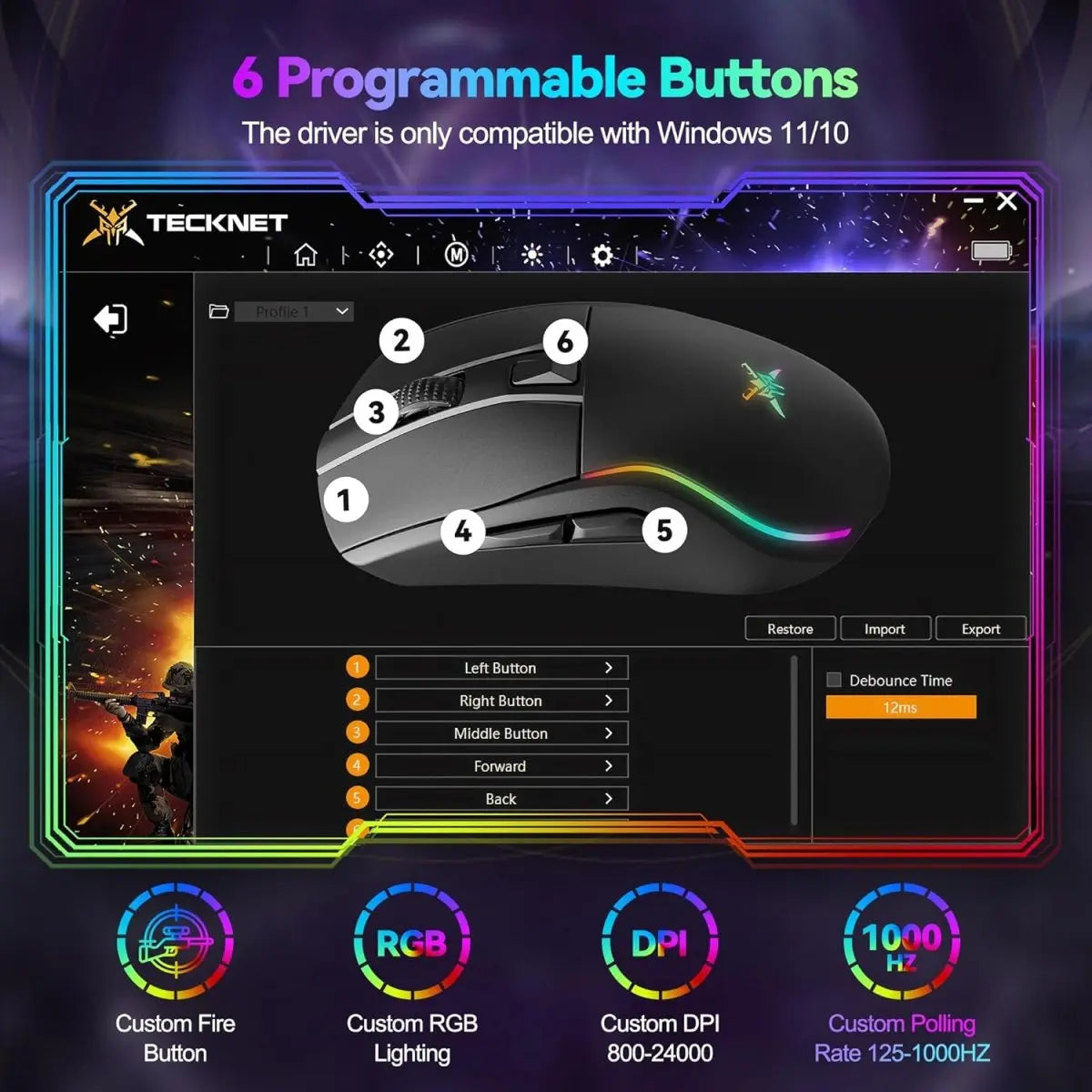 TECKNET Tri-Mode Wireless Gaming Mouse