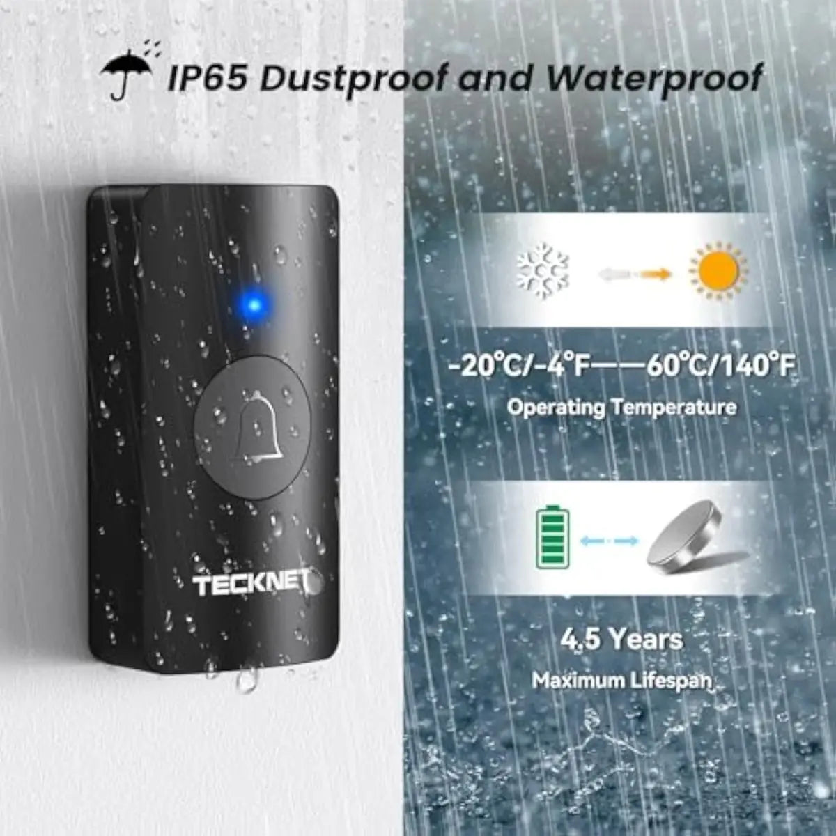 TECKNET Wireless Doorbell, Battery-Powered Door Bell Ringer with 1400ft Range