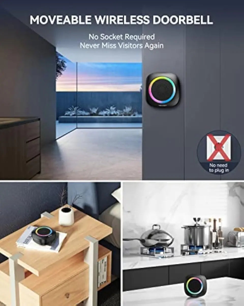 TECKNET Wireless Doorbell with 2 Portable Receivers, Battery Powered Doorbell with RGB Light, IP66 Waterproof Door Chime Kit, 1300ft Wireless Range, 0-110dB & 60 Chimes, 36-Month Long Battery Life