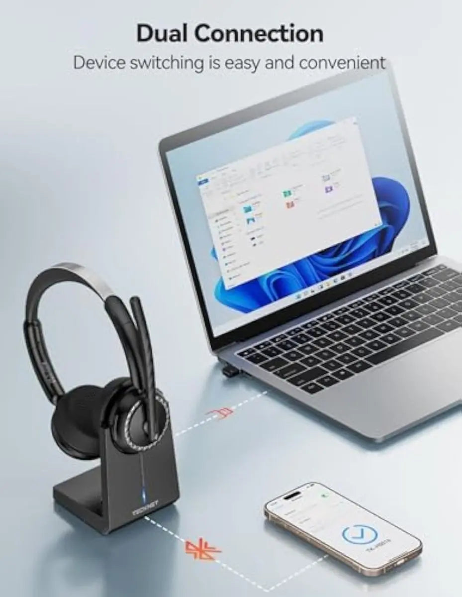 TECKNET Wireless Headset, 5.3 Bluetooth Headset with AI Noise Cancelling Mic