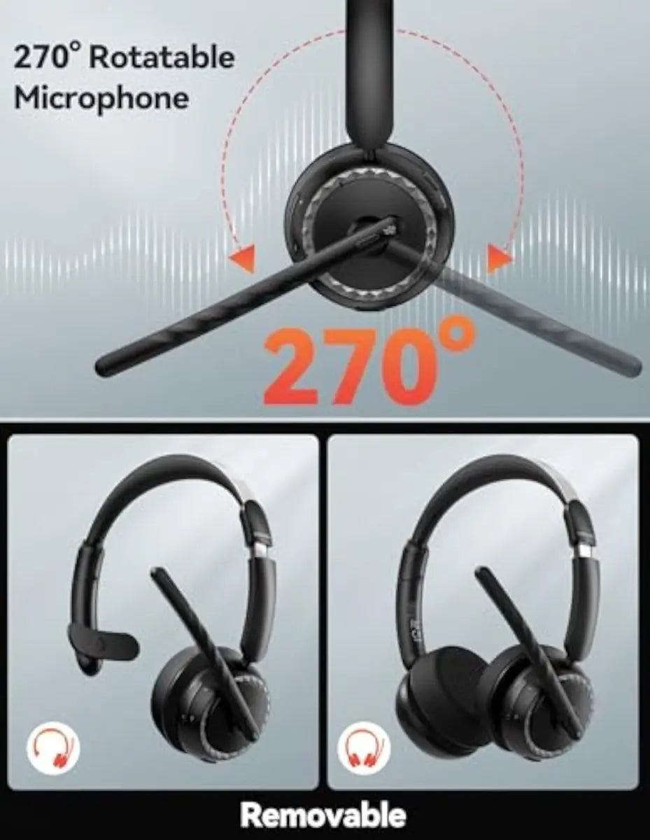 TECKNET Wireless Headset, 5.3 Bluetooth Headset with AI Noise Cancelling Mic