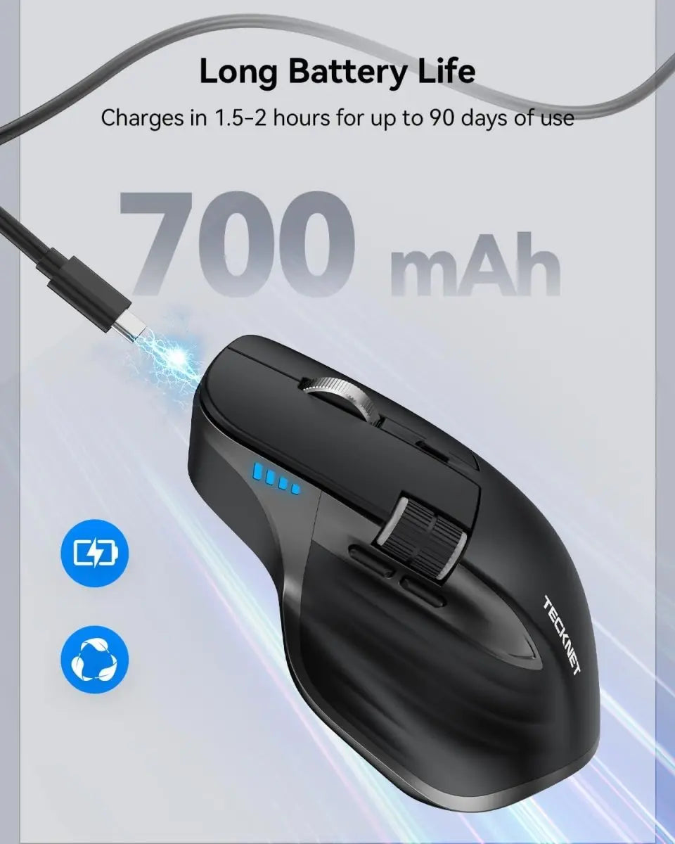 TECKNET Wireless Mouse, Bluetooth Mouse (BT5.0/5.0 & 2.4G) Rechargeable 4800 DPI Ergonomic Optical Mouse with 6 Adjustable