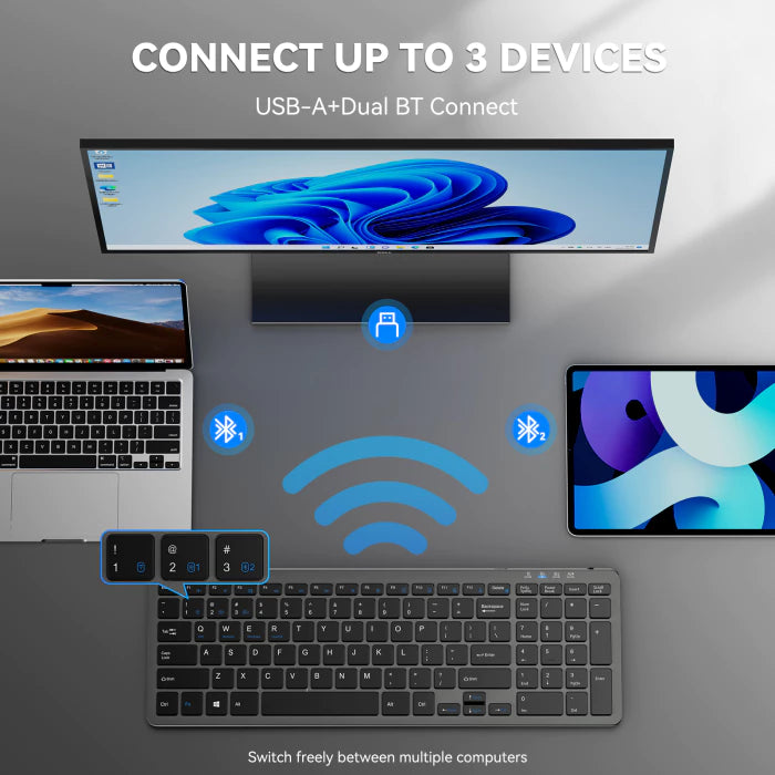TECKNET Rechargeable Bluetooth Slim Wireless Keyboards - USB+BT Compact Keyboard with Number Pad,TK-KB041