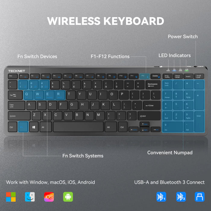 TECKNET Rechargeable Bluetooth Slim Wireless Keyboards - USB+BT Compact Keyboard with Number Pad,TK-KB041