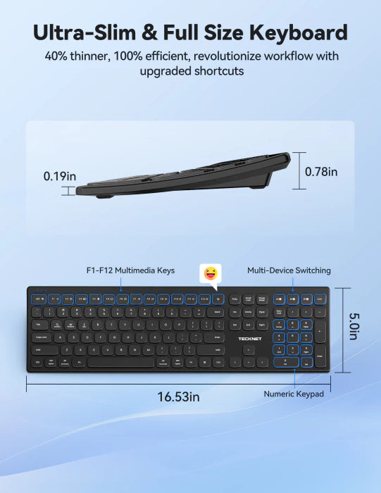 TECKNET Bluetooth wireless rechargeable keyboard with multi‑device switching (BT5.0+2.4G+wired),TK-KB045