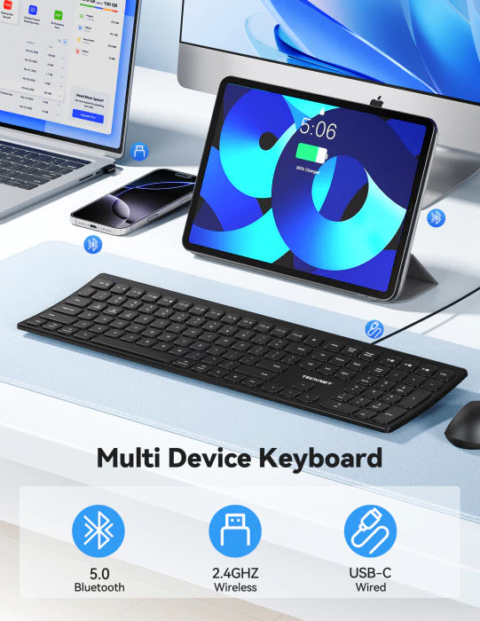 TECKNET Bluetooth wireless rechargeable keyboard with multi‑device switching (BT5.0+2.4G+wired),TK-KB045