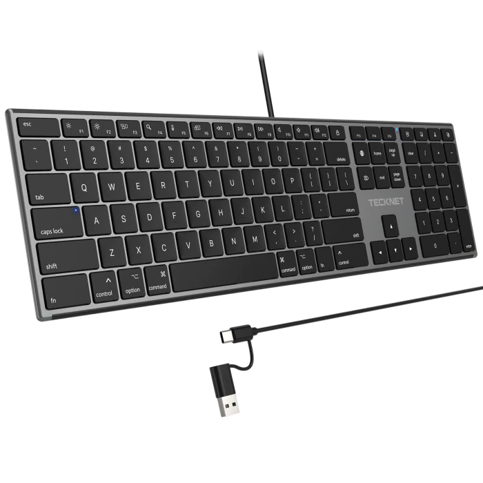 TECKNET ultra‑slim wired silent keyboard for Mac with USB & Type‑C dual interface, TK-KB049