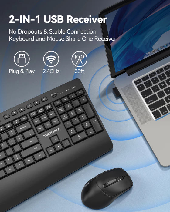 TECKNET full‑size ergonomic wireless keyboard and mouse combo with wrist rest,TK-KM063