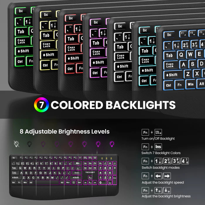 TECKNET wired keyboard and mouse combo with 7‑color backlit large print,TK-KM079