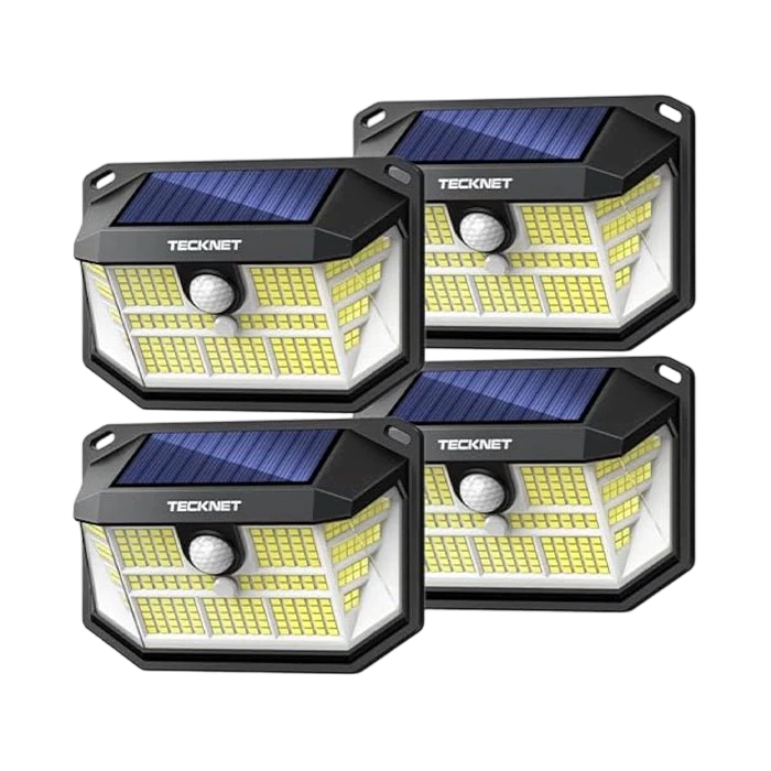 Four Tecknet solar-powered motion sensor lights on a white background