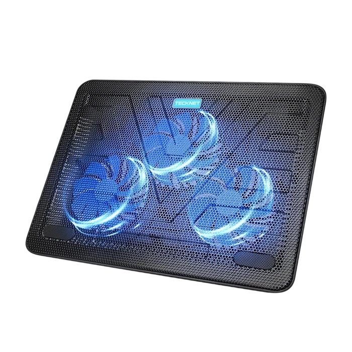 Black laptop cooling pad with blue LED lights on a white background