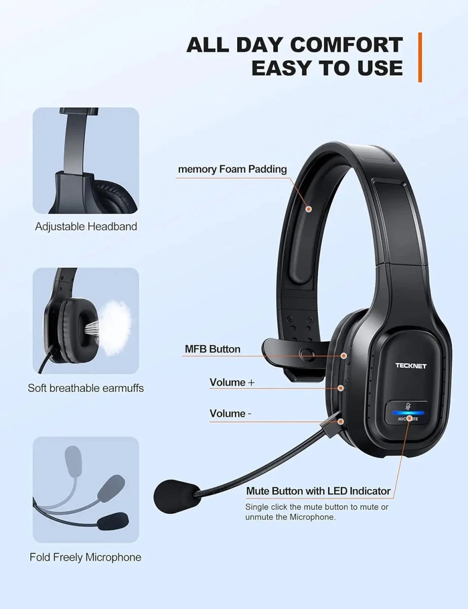 TECKNETTECKNET Bluetooth Headset With Mic Noise Canceling