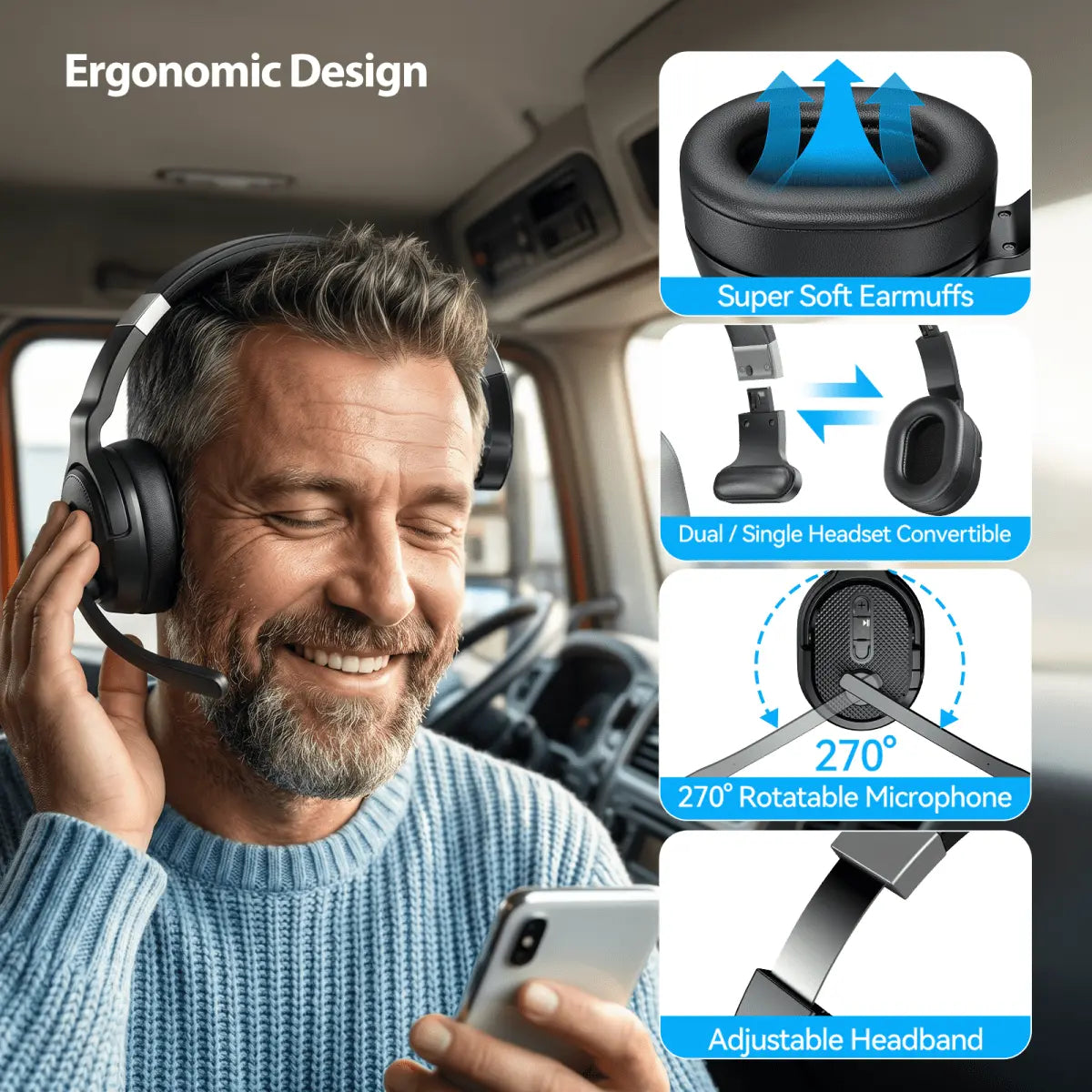 TECKNETTECKNET Bluetooth Trucker Headset, Single and Dual Ear Wireless Headset with Mic for Work Noise Cancelling, 50Hrs 3 EQ Music Modes Trucker Bluetooth Headphones for PC, Drivers, Office, Call Center