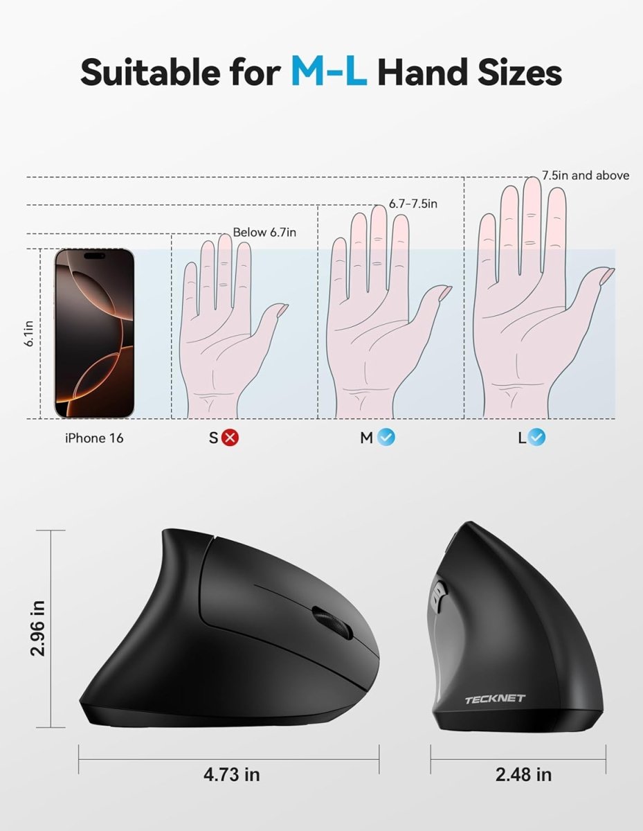 TECKNETTECKNET Ergonomic Mouse, Rechargeable 2.4G+Bluetooth Vertical Mice 6 DPI Adjustable - [Color/Material] [Main Feature] for [Target Device/Scenario]