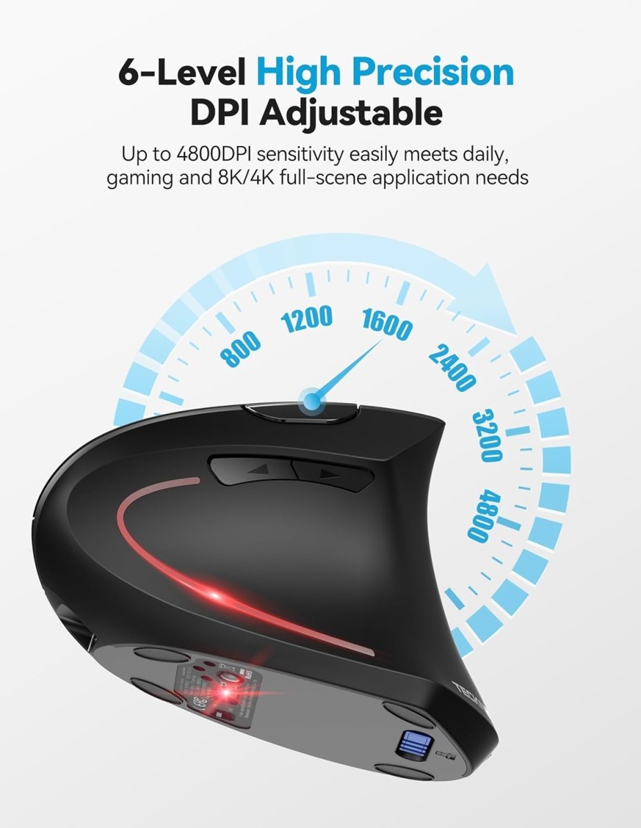 TECKNETTECKNET Ergonomic Mouse, Rechargeable 2.4G+Bluetooth Vertical Mice 6 DPI Adjustable, Wireless Optical Carpal Tunnel Mouse Right Hand, Multi Device for Laptop, PC, Computer, MacBook, iPad - Black - [Color/Material] [Main Feature] for [Target Device/Scenario]