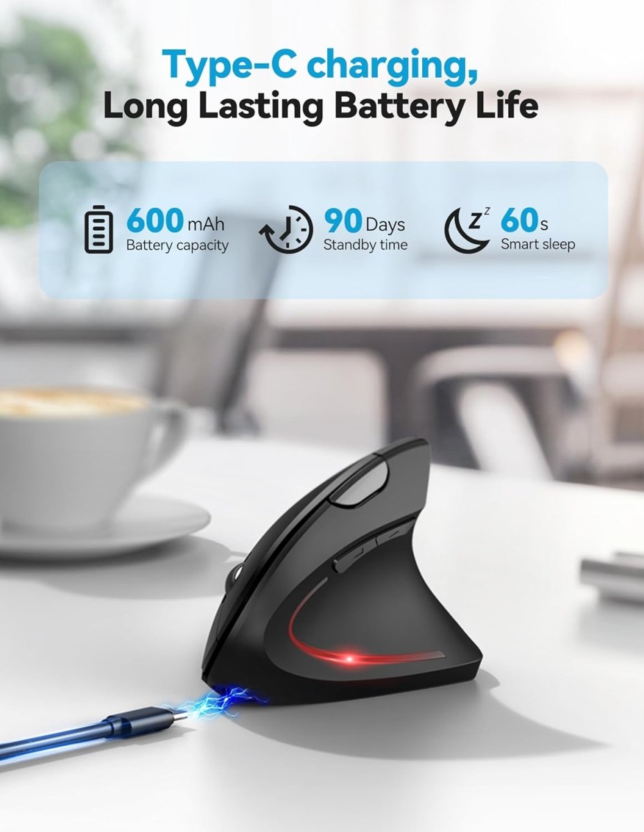 TECKNETTECKNET Ergonomic Mouse, Rechargeable 2.4G+Bluetooth Vertical Mice 6 DPI Adjustable, Wireless Optical Carpal Tunnel Mouse Right Hand, Multi Device for Laptop, PC, Computer, MacBook, iPad - Black - [Color/Material] [Main Feature] for [Target Device/Scenario]