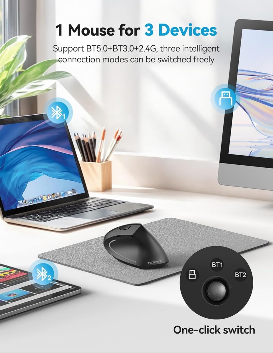 TECKNETTECKNET Ergonomic Mouse, Rechargeable 2.4G+Bluetooth Vertical Mice 6 DPI Adjustable, Wireless Optical Carpal Tunnel Mouse Right Hand, Multi Device for Laptop, PC, Computer, MacBook, iPad - Black - [Color/Material] [Main Feature] for [Target Device/Scenario]