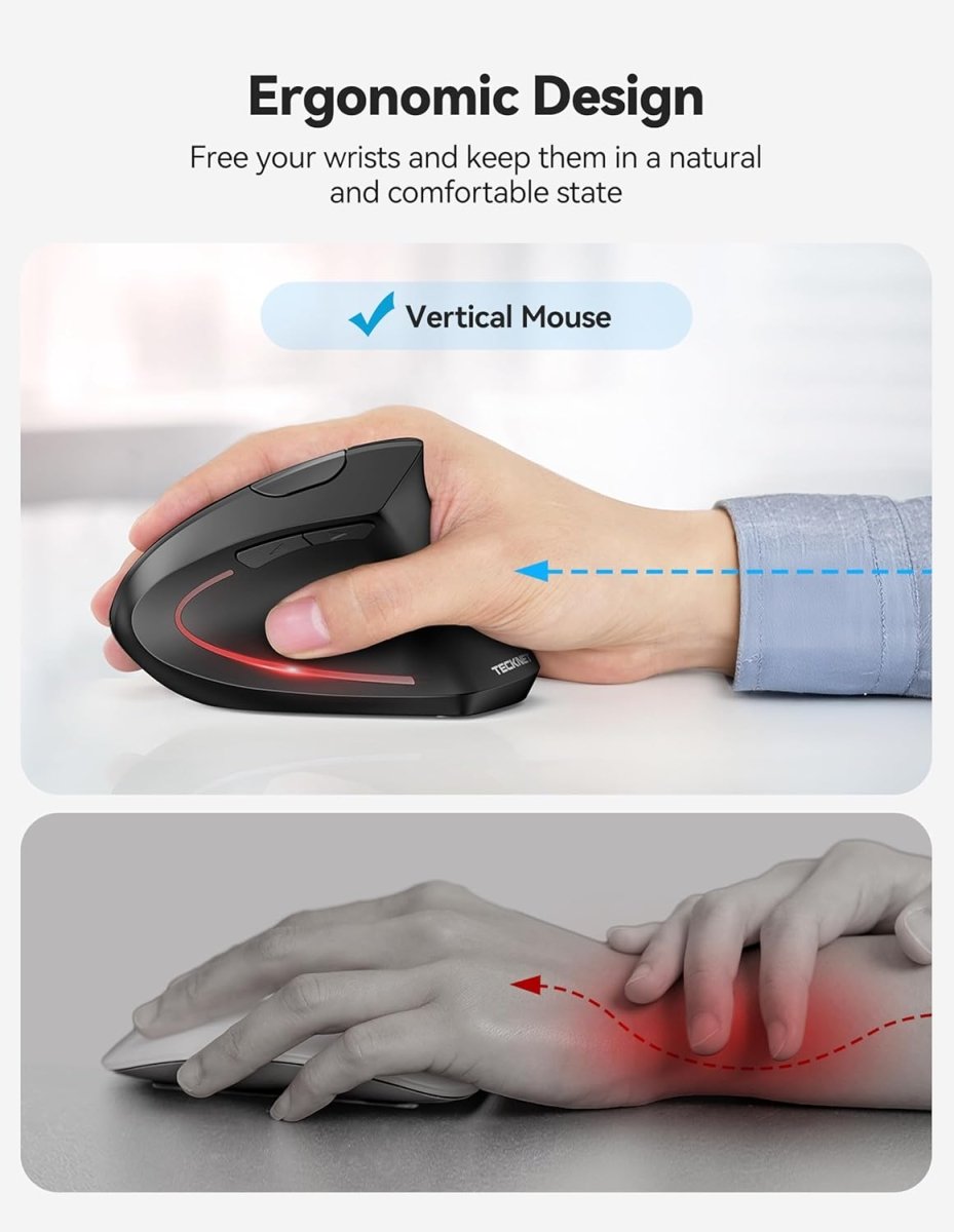 TECKNETTECKNET Ergonomic Mouse, Rechargeable 2.4G+Bluetooth Vertical Mice 6 DPI Adjustable, Wireless Optical Carpal Tunnel Mouse Right Hand, Multi Device for Laptop, PC, Computer, MacBook, iPad - Black - [Color/Material] [Main Feature] for [Target Device/Scenario]