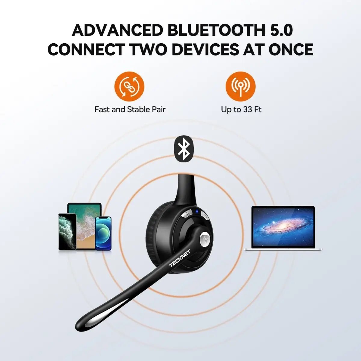 TECKNETTECKNET Lightweight Wireless Headset With Mic