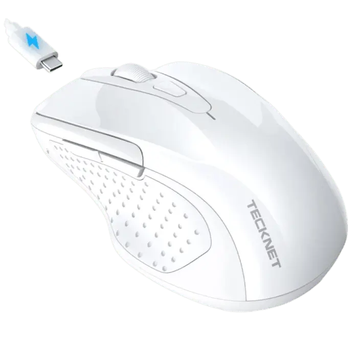 TECKNET rechargeable jiggler wireless mouse with dual bluetooth and 2.4G connectivity. Features 4800 DPI silent tracking and 6 buttons for laptop or PC setup.