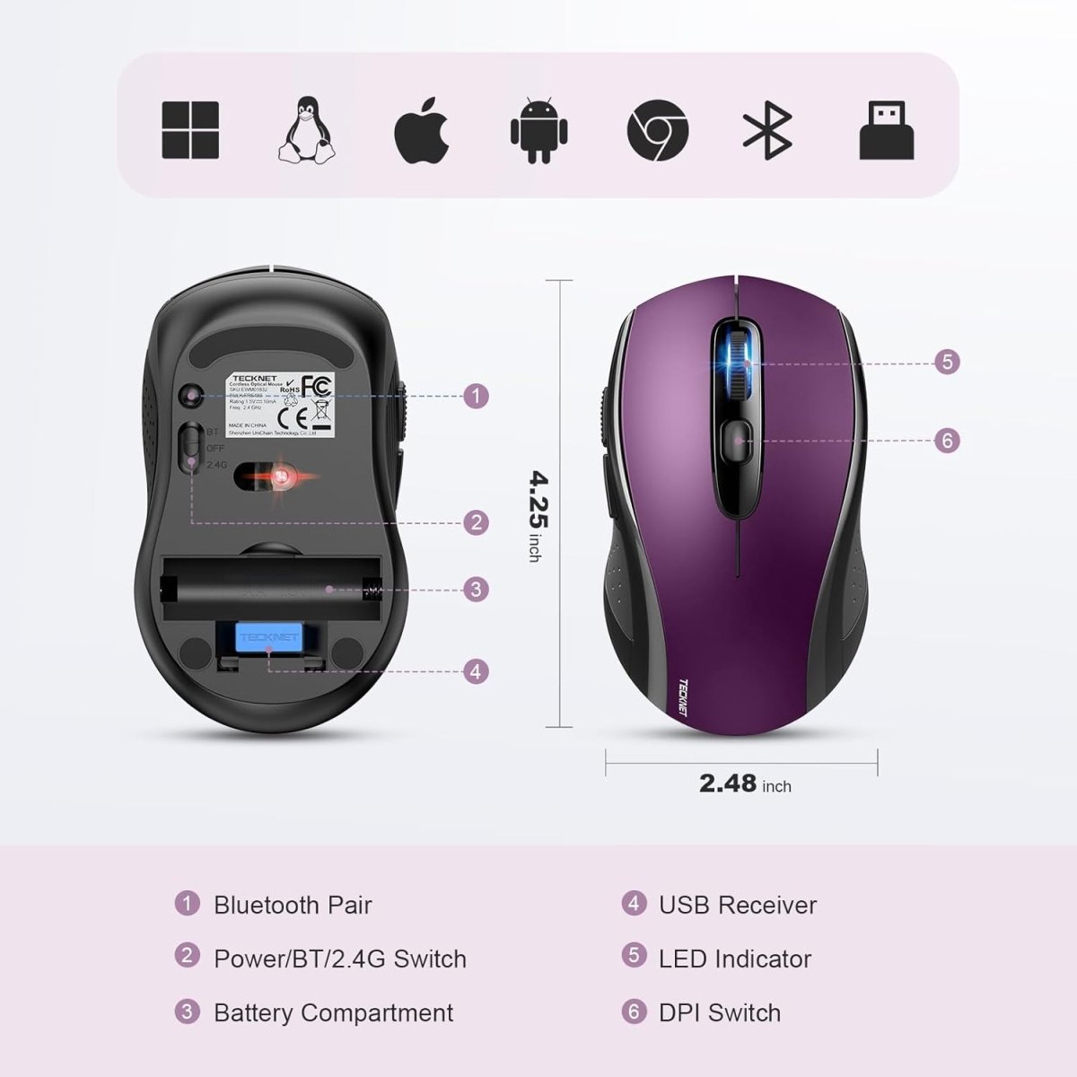TECKNETTECKNET USB Wired 6 - Button Mouse With 4 Adjustable DPI, Optical Computer With Ergonomic Design and 5FT Cord for Laptop, Chromebook, PC, Desktop, Mac, Notebook - Purple - [Color/Material] [Main Feature] for [Target Device/Scenario]