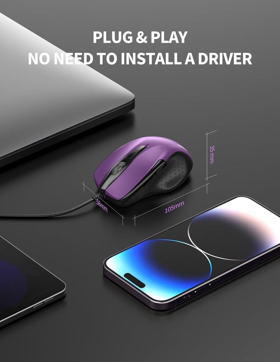 TECKNETTECKNET USB Wired 6 - Button Mouse With 4 Adjustable DPI, Optical Computer With Ergonomic Design and 5FT Cord for Laptop, Chromebook, PC, Desktop, Mac, Notebook - Purple - [Color/Material] [Main Feature] for [Target Device/Scenario]