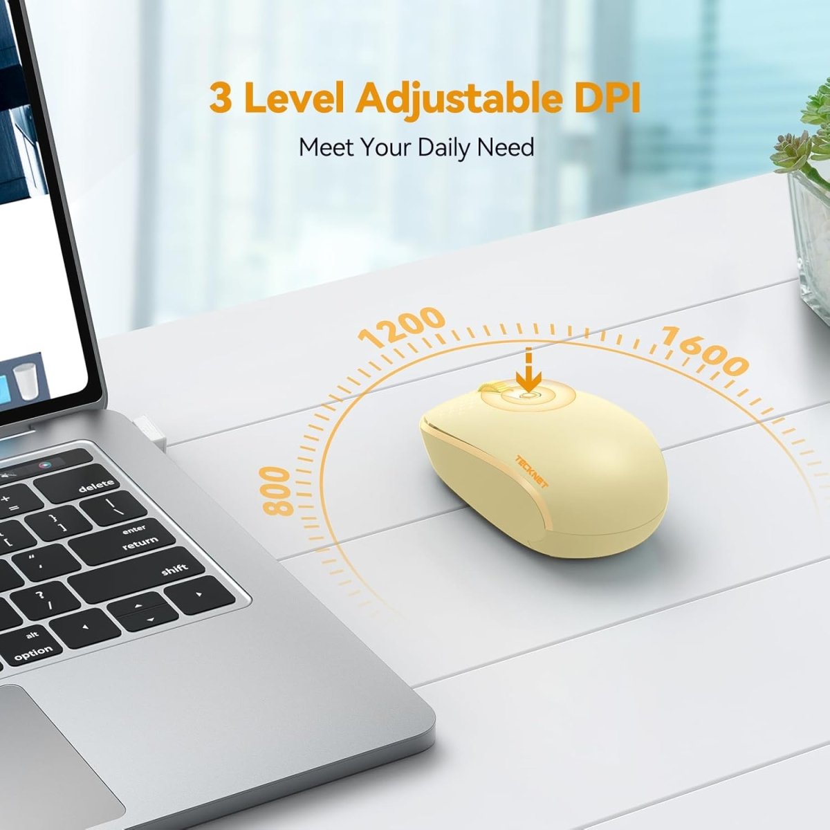 TECKNETTECKNET Wireless Mouse for Laptop, 2.4G Quiet Computer Mouse with USB Receiver, 4 Buttons Portable Cordless Mice for Chromebook, Laptop, PC, Mac, 800/1200/1600 DPI - Yellow - [Color/Material] [Main Feature] for [Target Device/Scenario]