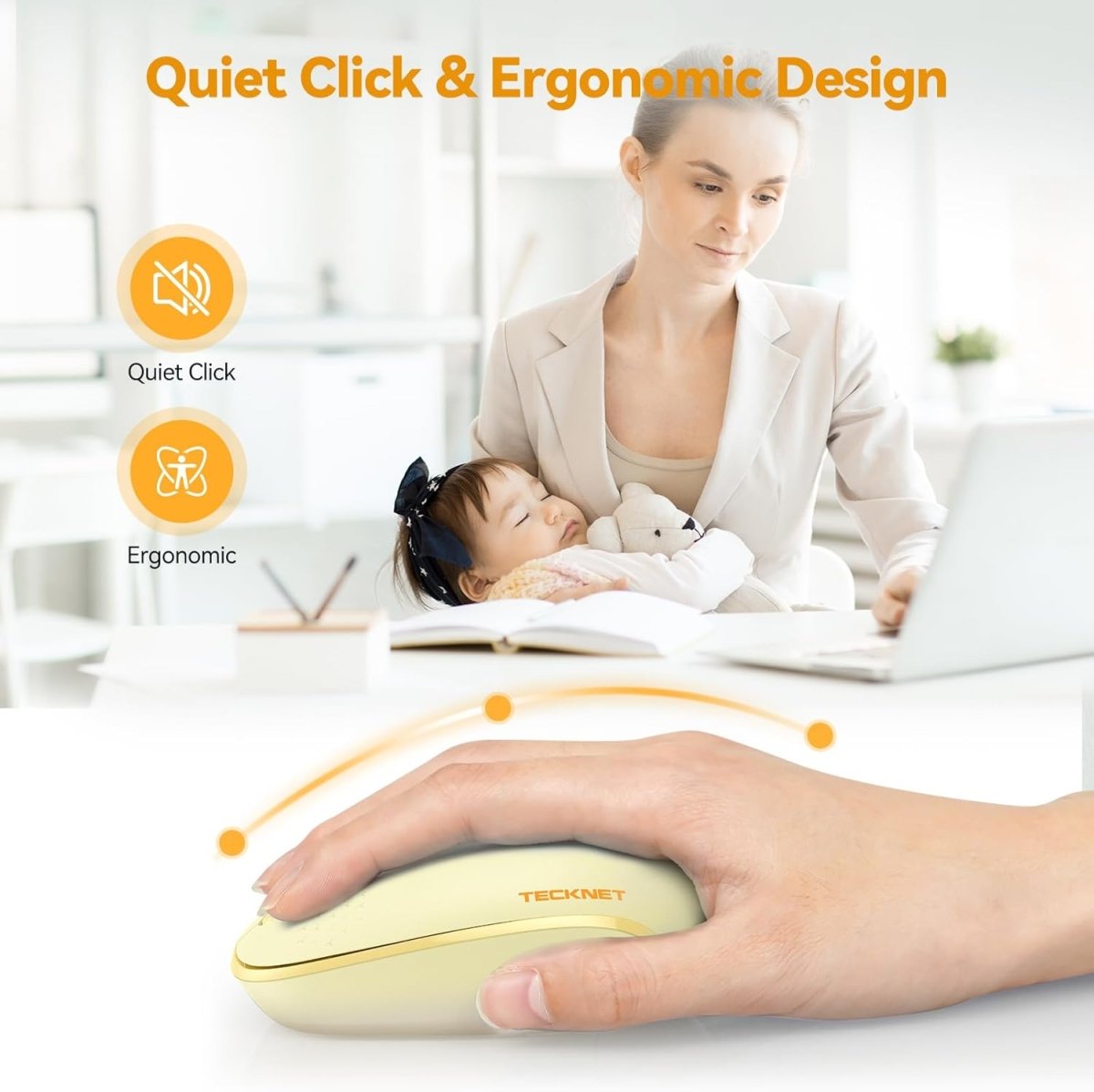 TECKNETTECKNET Wireless Mouse for Laptop, 2.4G Quiet Computer Mouse with USB Receiver, 4 Buttons Portable Cordless Mice for Chromebook, Laptop, PC, Mac, 800/1200/1600 DPI - Yellow - [Color/Material] [Main Feature] for [Target Device/Scenario]