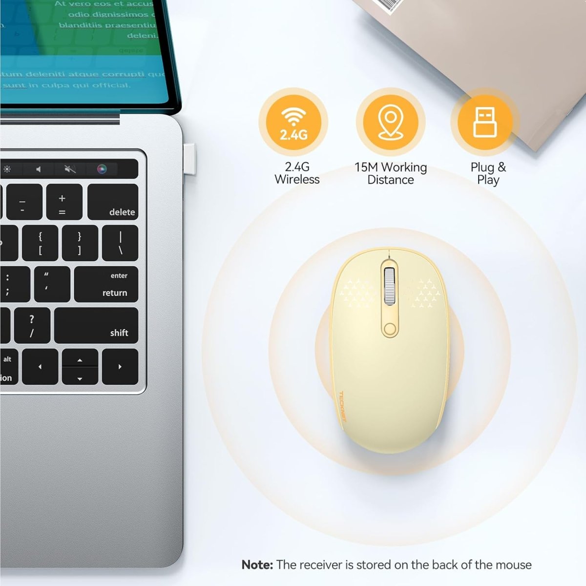 TECKNETTECKNET Wireless Mouse for Laptop, 2.4G Quiet Computer Mouse with USB Receiver, 4 Buttons Portable Cordless Mice for Chromebook, Laptop, PC, Mac, 800/1200/1600 DPI - Yellow - [Color/Material] [Main Feature] for [Target Device/Scenario]
