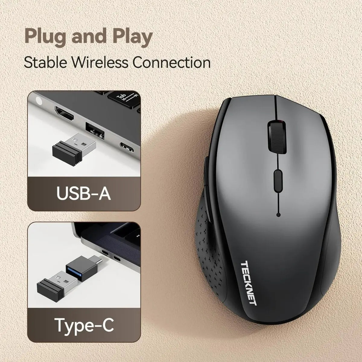 TECKNETTECKNET Wireless Mouse Jiggler, USB - C Rechargeable Mouse, Silent Mouse Quiet Click, Build - in Mouse Mover, 6400 DPI Ergonomic Mouse, 2.4G Cordless Computer Mice for Mac, Laptop, Desktop, PC - [Color/Material] [Main Feature] for [Target Device/Scenario]