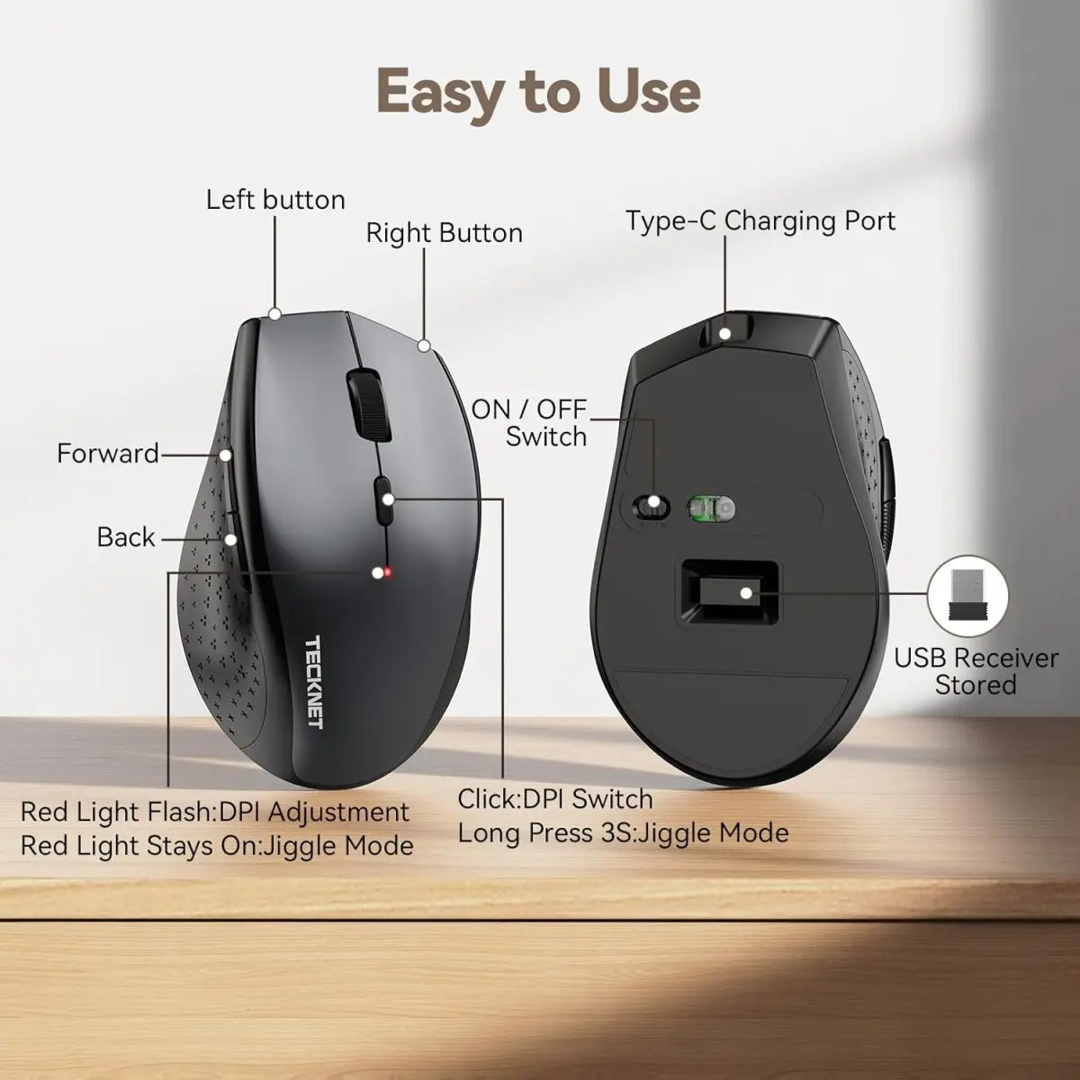 TECKNETTECKNET Wireless Mouse Jiggler, USB - C Rechargeable Mouse, Silent Mouse Quiet Click, Build - in Mouse Mover, 6400 DPI Ergonomic Mouse, 2.4G Cordless Computer Mice for Mac, Laptop, Desktop, PC - [Color/Material] [Main Feature] for [Target Device/Scenario]