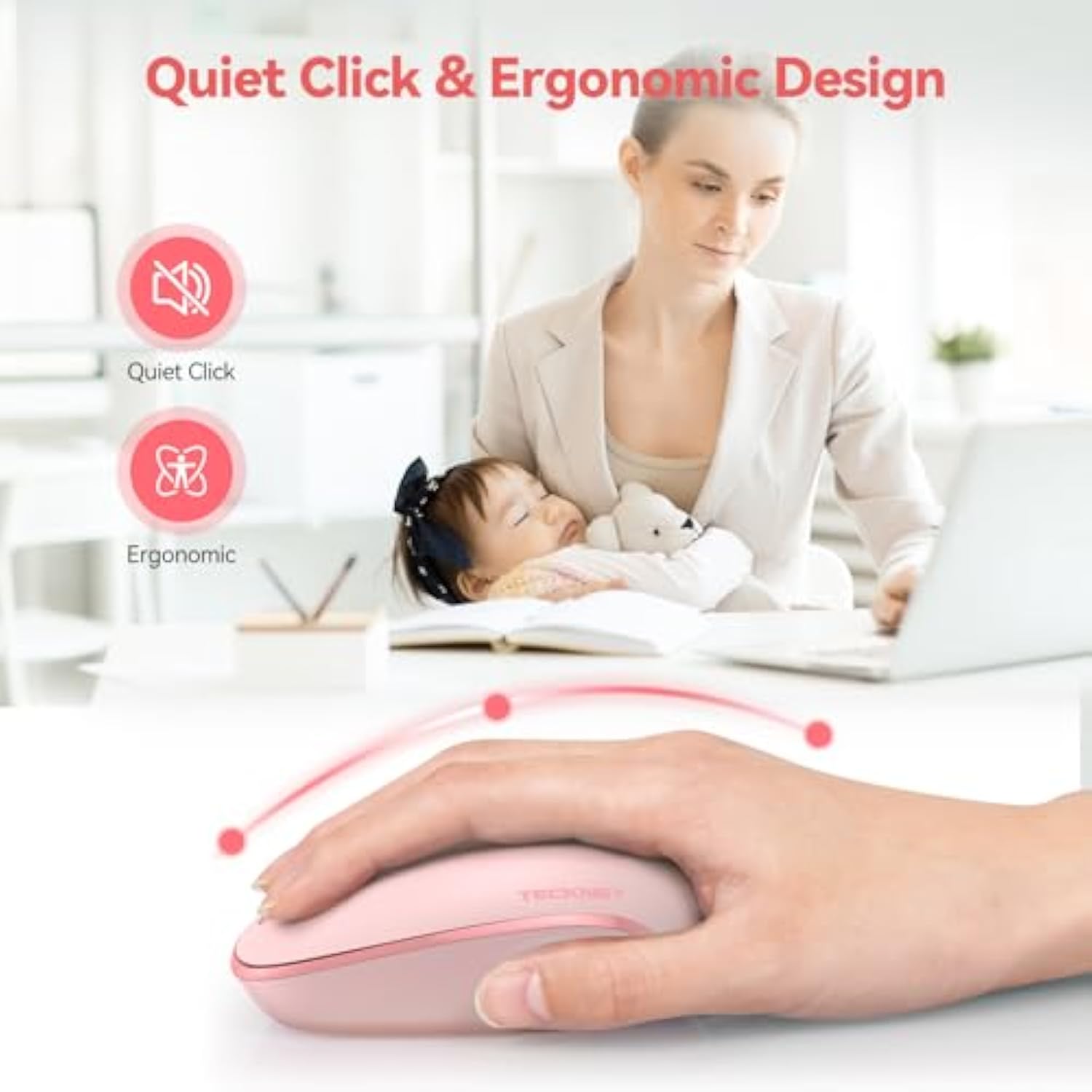 TECKNET Wireless Mouse, 2.4G Quiet Computer Mouse with USB Receiver, 4 Buttons Portable Cordless Mice for Chromebook, Laptop, PC, Mac, 800/1200/1600 DPI