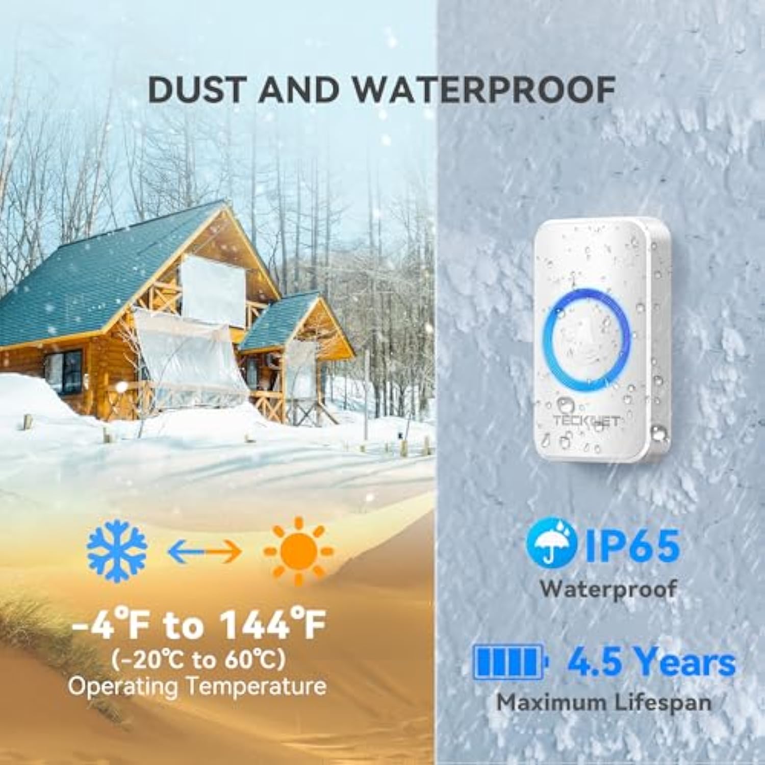 TECKNET Wireless Doorbells for Home, IP65 Waterproof Door Bell 1300ft Range, 0-120dB Classroom Doorbell Kits with 60 Chimes & 5 Volume Levels, RGB Flashing for Hearing Impaired with 2 Receivers