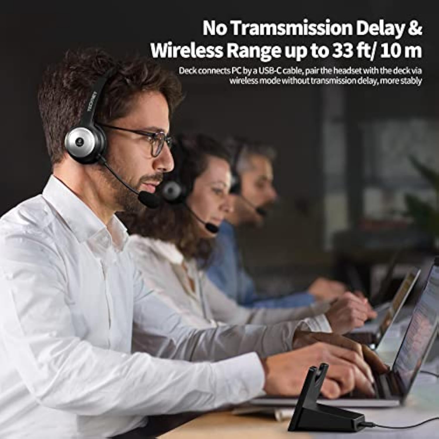 TECKNET Wireless Headset for Work, 40Hrs Worktime AI Noise Cancelling Computer Headphones with Charging Base, Bluetooth Headset with Mic & USB Dongle for PC/Laptop/Call Center