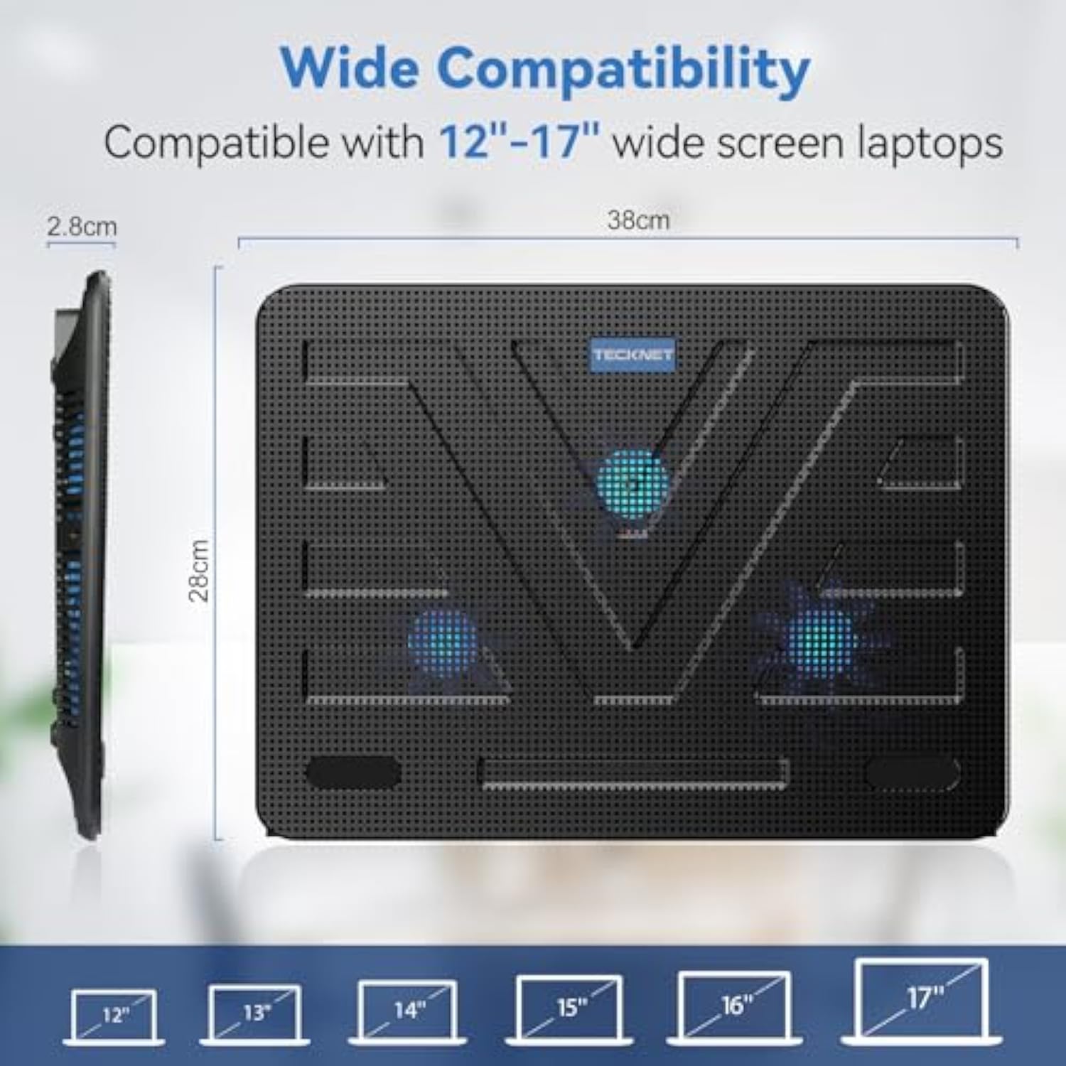 TECKNET Laptop Cooling Pad, Portable Slim Quiet USB Powered Laptop Notebook Cooler Cooling Pad Stand Chill Mat with 3 Blue LED Fans, Fits 12-17 Inches