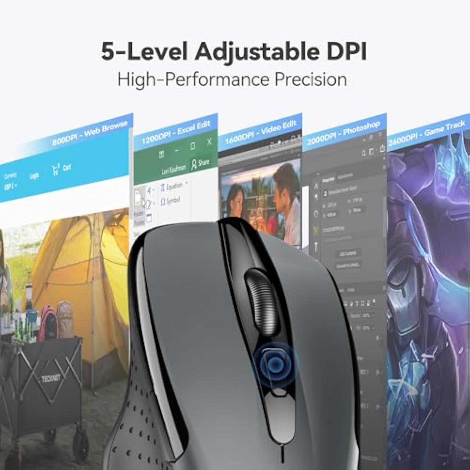 TECKNET Wireless Mouse, 2.4G Ergonomic Optical Mouse, Computer Mouse for Laptop, PC, Computer, Chromebook, Notebook, 6 Buttons, 24 Months Battery Life, 2600 DPI, 5 Adjustment Levels